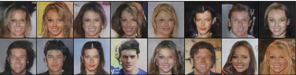 Grid of human faces generated by DCGAN at 128x128 resolution